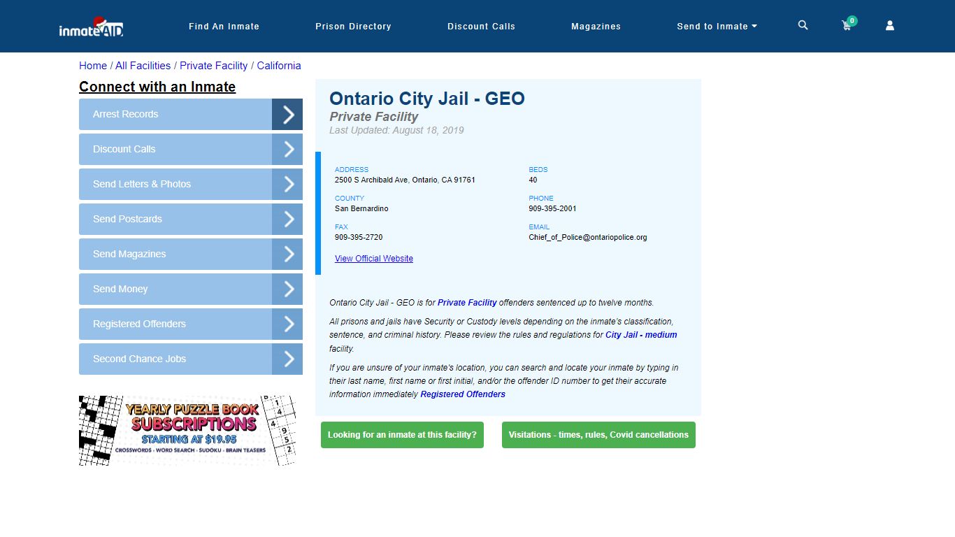 Ontario City Jail - GEO - Inmate Search - Ontario, CA